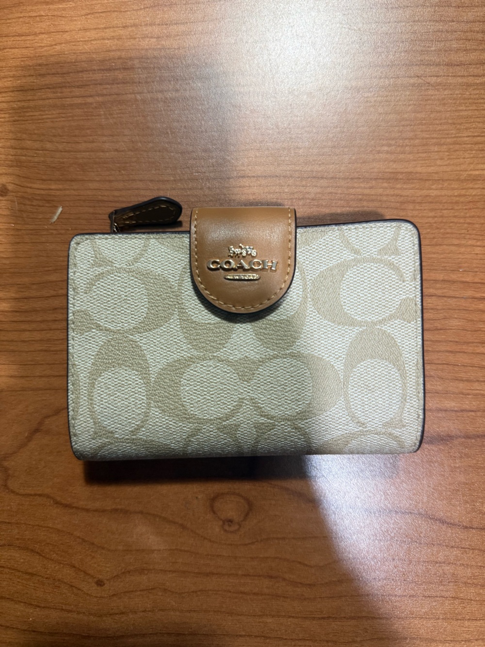 COACH Beige Signature Canvas Bifold Wallet with Tan Leather Snap